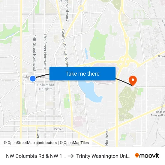 NW Columbia Rd & NW 14th St to Trinity Washington University map