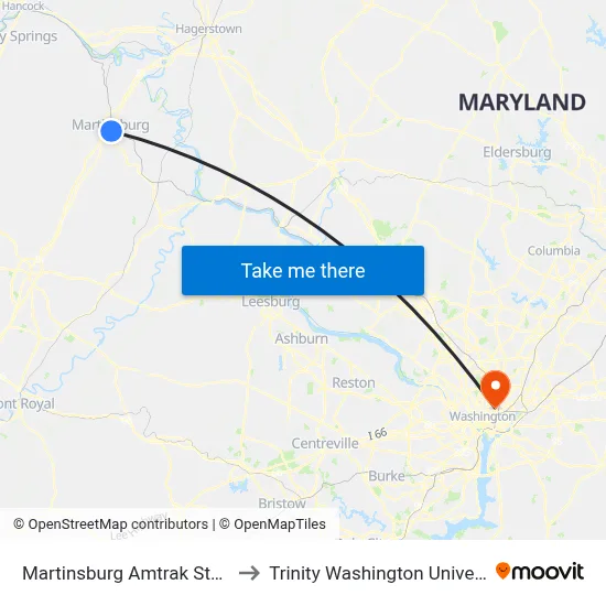 Martinsburg Amtrak Station to Trinity Washington University map