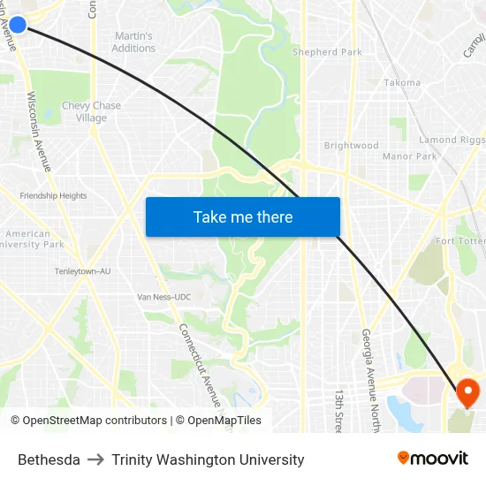 Bethesda to Trinity Washington University map