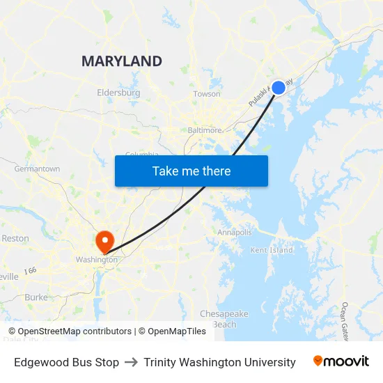 Edgewood Bus Stop to Trinity Washington University map