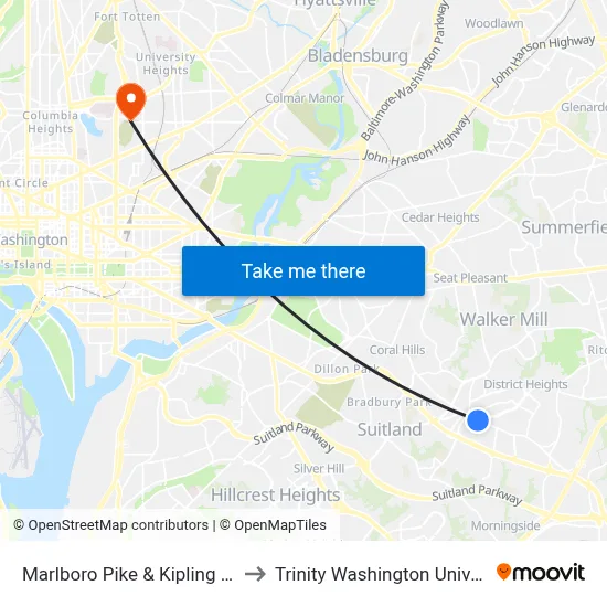 Marlboro Pike & Kipling Pkwy to Trinity Washington University map