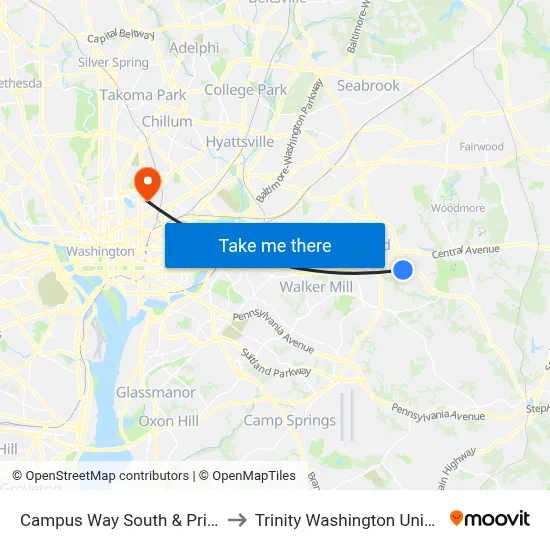 Campus Way South & Prince Pl to Trinity Washington University map