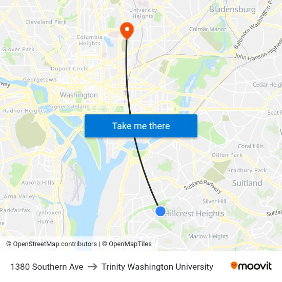 1380 Southern Ave to Trinity Washington University map