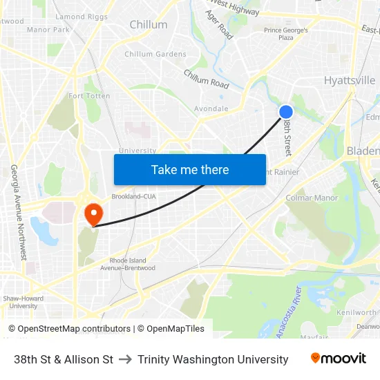 38th St & Allison St to Trinity Washington University map