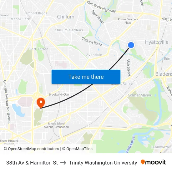 38th Av & Hamilton St to Trinity Washington University map