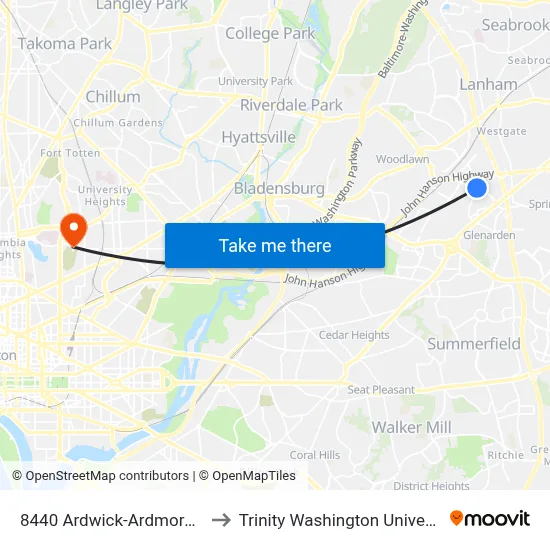 8440 Ardwick-Ardmore Rd to Trinity Washington University map