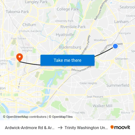 Ardwick-Ardmore Rd & Ardwick Pl to Trinity Washington University map