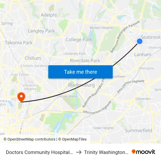 Doctors Community Hospital at Bus Shelter to Trinity Washington University map