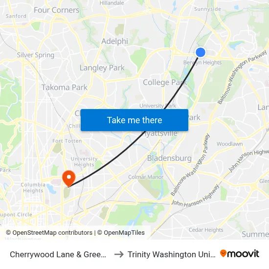 Cherrywood Lane & Greenbelt Rd to Trinity Washington University map