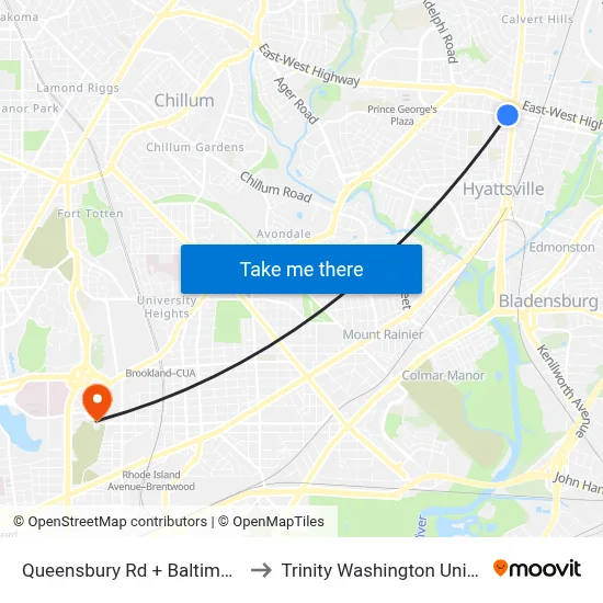 Queensbury Rd + Baltimore Ave to Trinity Washington University map