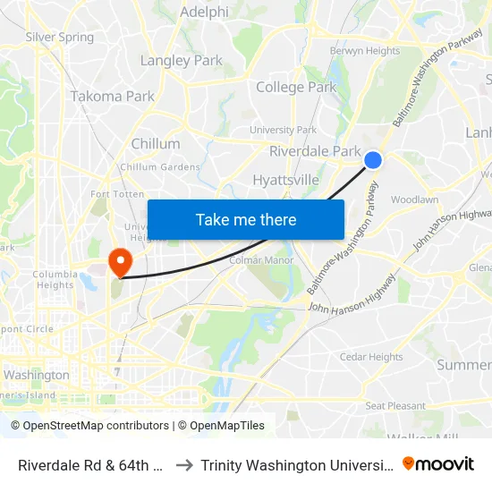 Riverdale Rd & 64th Av to Trinity Washington University map