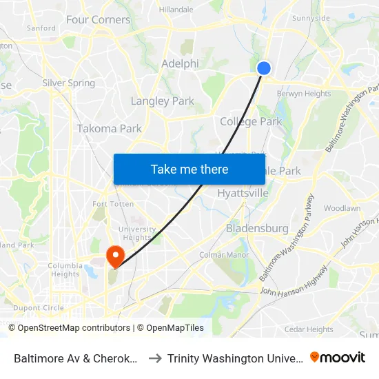 Baltimore Av & Cherokee St to Trinity Washington University map