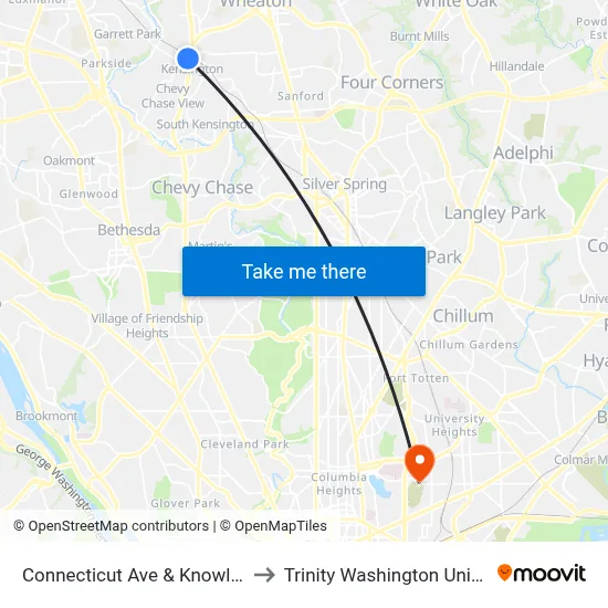 Connecticut Ave & Knowles Ave to Trinity Washington University map