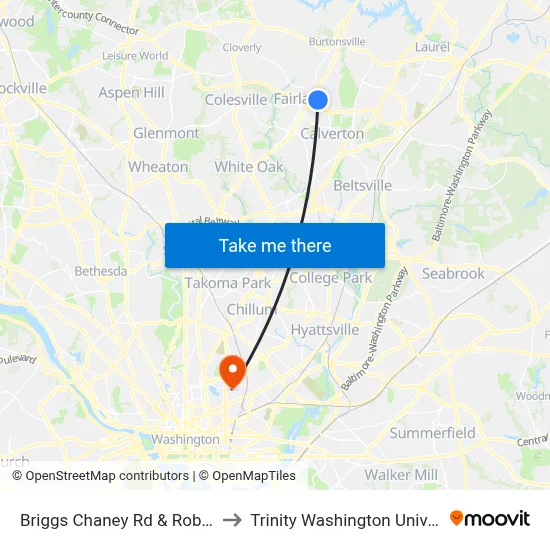 Briggs Chaney Rd & Robey Rd to Trinity Washington University map