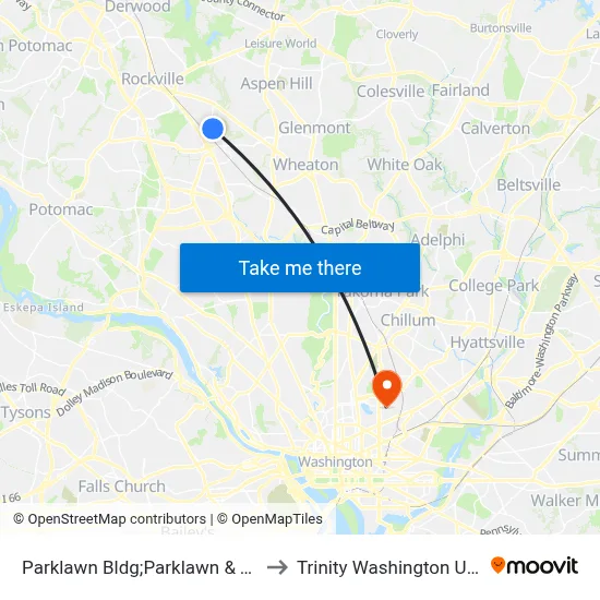 Parklawn Bldg;Parklawn & Twinbrook to Trinity Washington University map