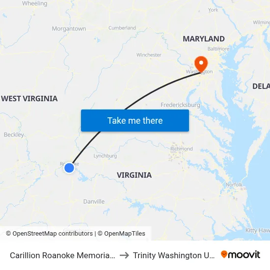 Carillion Roanoke Memorial Hospital to Trinity Washington University map