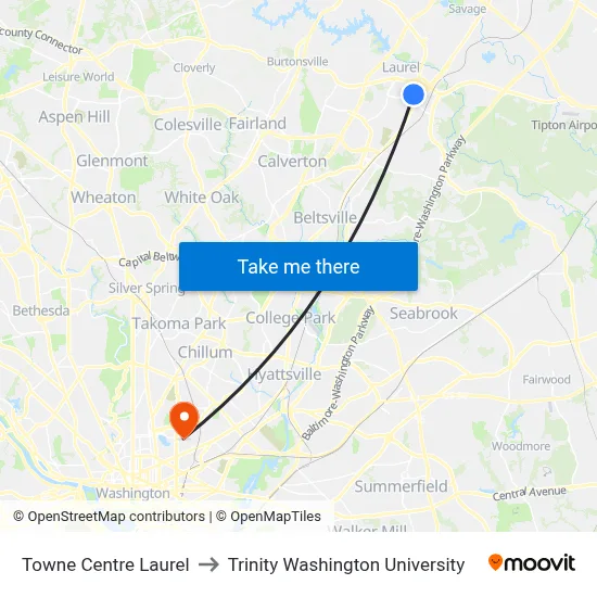 Towne Centre Laurel to Trinity Washington University map