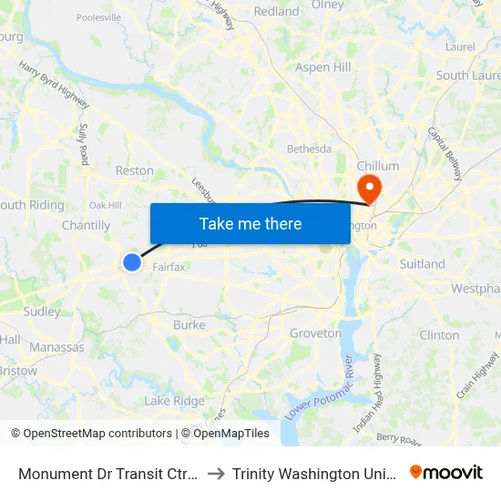 Monument Dr Transit Ctr Bay A to Trinity Washington University map