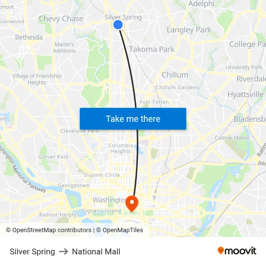 Silver Spring to National Mall map