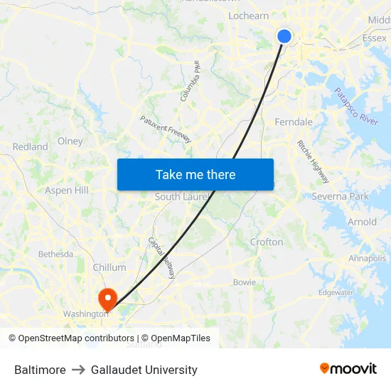 Baltimore to Gallaudet University map