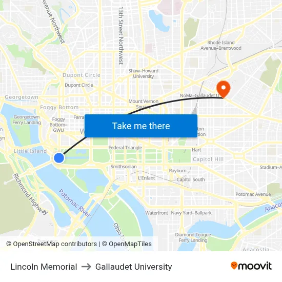 Lincoln Memorial to Gallaudet University map