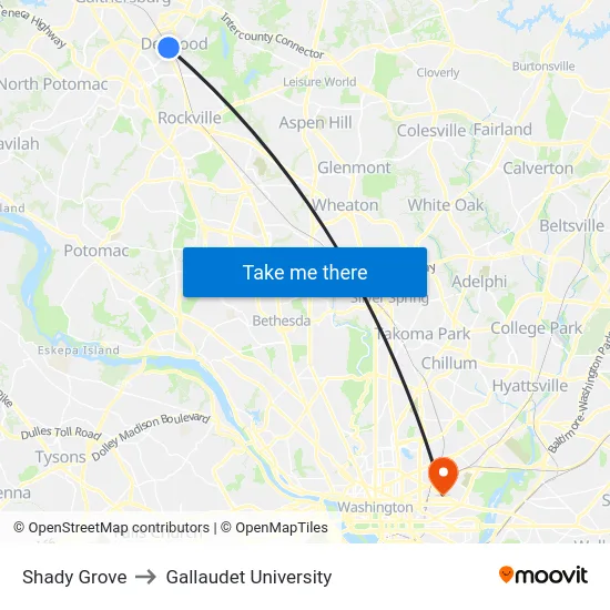 Shady Grove to Gallaudet University map