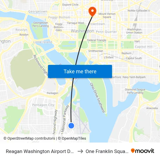 Reagan Washington Airport DCA to One Franklin Square map