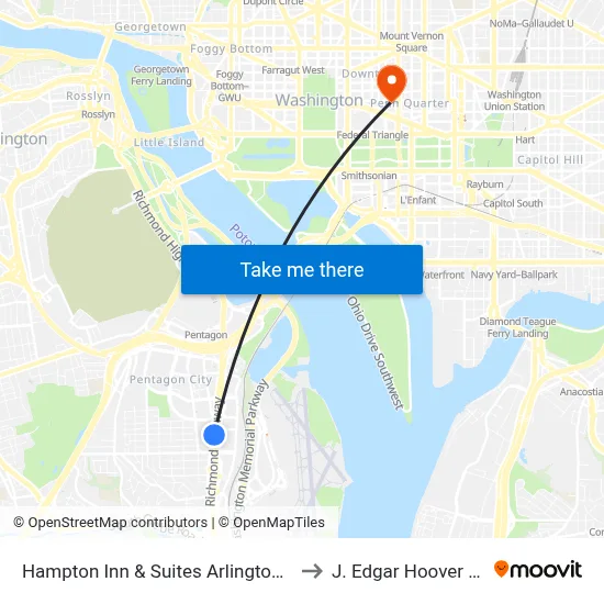 Hampton Inn & Suites Arlington Crystal City to J. Edgar Hoover Building map