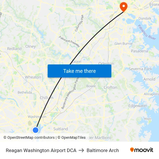 Reagan Washington Airport DCA to Baltimore Arch map