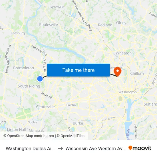Washington Dulles Airport to Wisconsin Ave Western Ave NW map