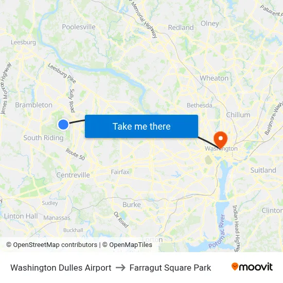 Washington Dulles Airport to Farragut Square Park map