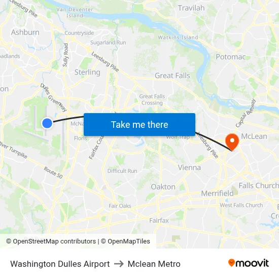 Washington Dulles Airport to Mclean Metro map