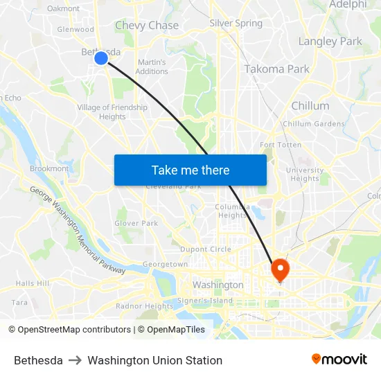 Bethesda to Washington Union Station map