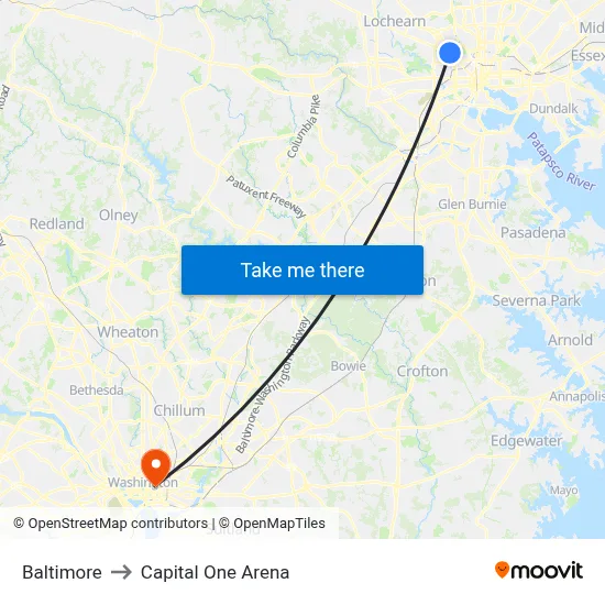 Baltimore to Capital One Arena map