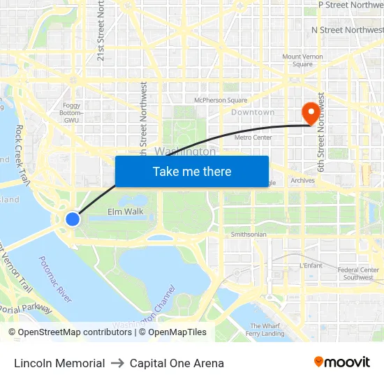Lincoln Memorial to Capital One Arena map