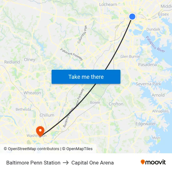 Baltimore Penn Station to Capital One Arena map