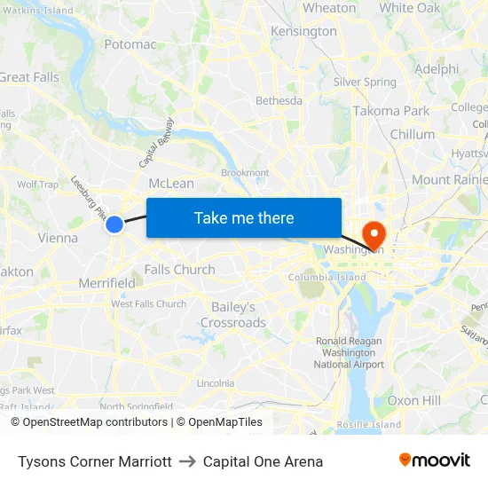 Tysons Corner Marriott to Capital One Arena map