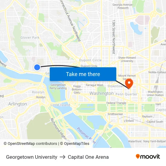 Georgetown University to Capital One Arena map