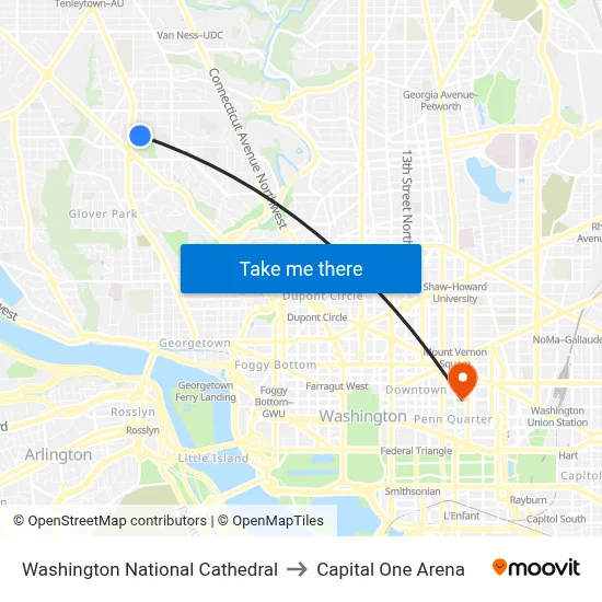 Washington National Cathedral to Capital One Arena map