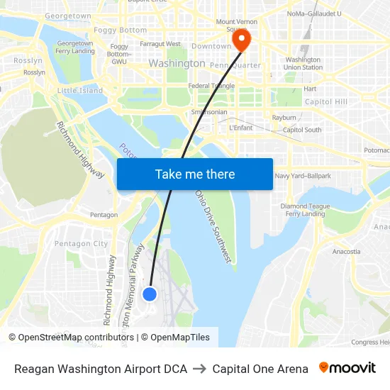 Reagan Washington Airport DCA to Capital One Arena map