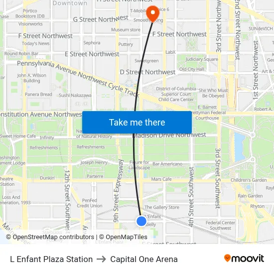 L Enfant Plaza Station to Capital One Arena map