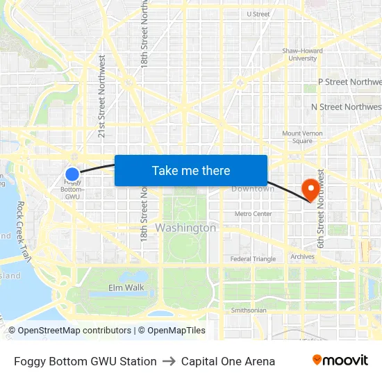 Foggy Bottom GWU Station to Capital One Arena map