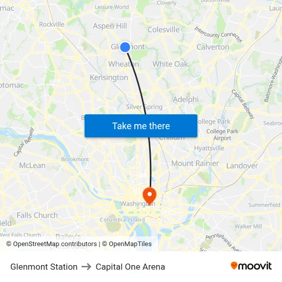 Glenmont Station to Capital One Arena map