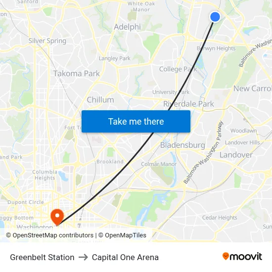 Greenbelt Station to Capital One Arena map