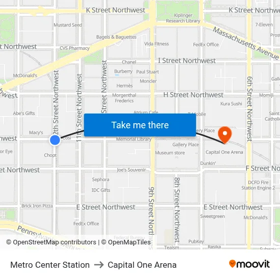 Metro Center Station to Capital One Arena map