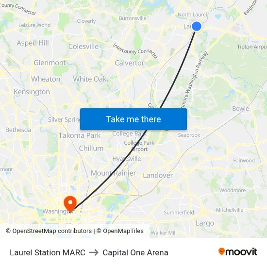 Laurel Station MARC to Capital One Arena map
