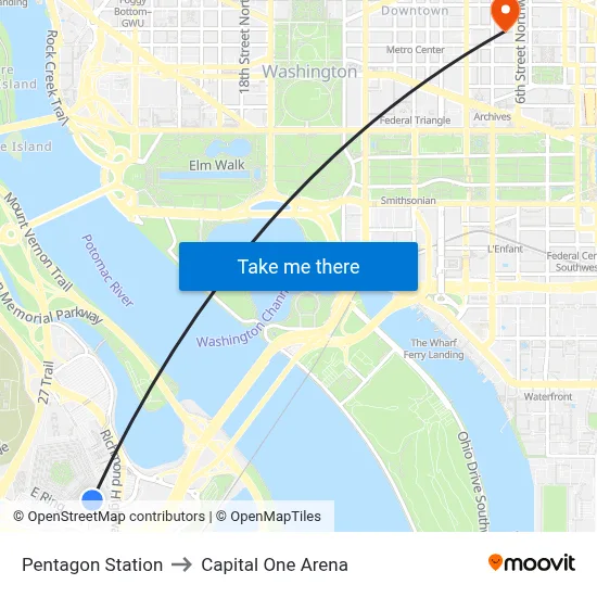 Pentagon Station to Capital One Arena map