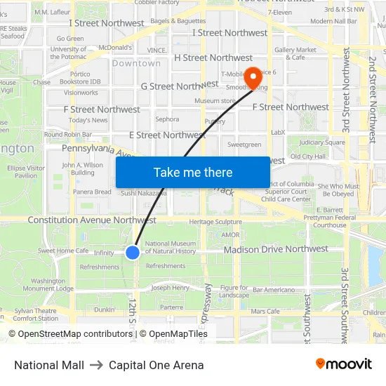 National Mall to Capital One Arena map