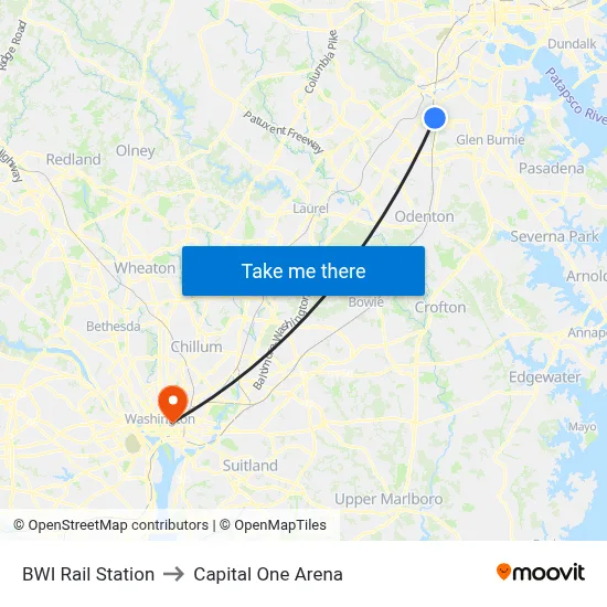 BWI Rail Station to Capital One Arena map
