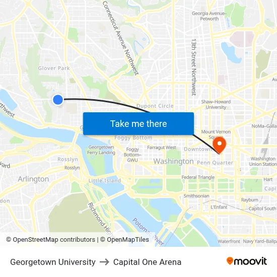 Georgetown University to Capital One Arena map